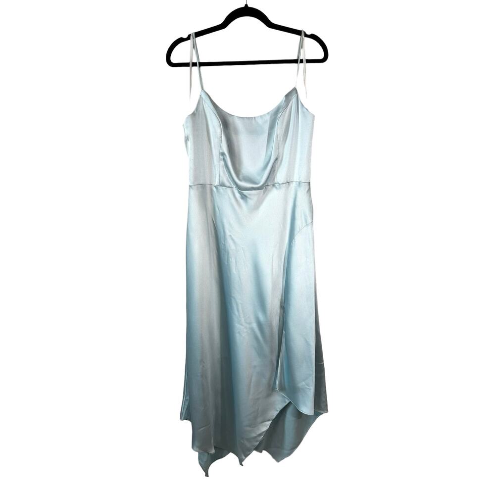 XSCAPE Women's Satin Midi Dress Asymmetrical Hem Light Blue Plus Size 14 Fairy